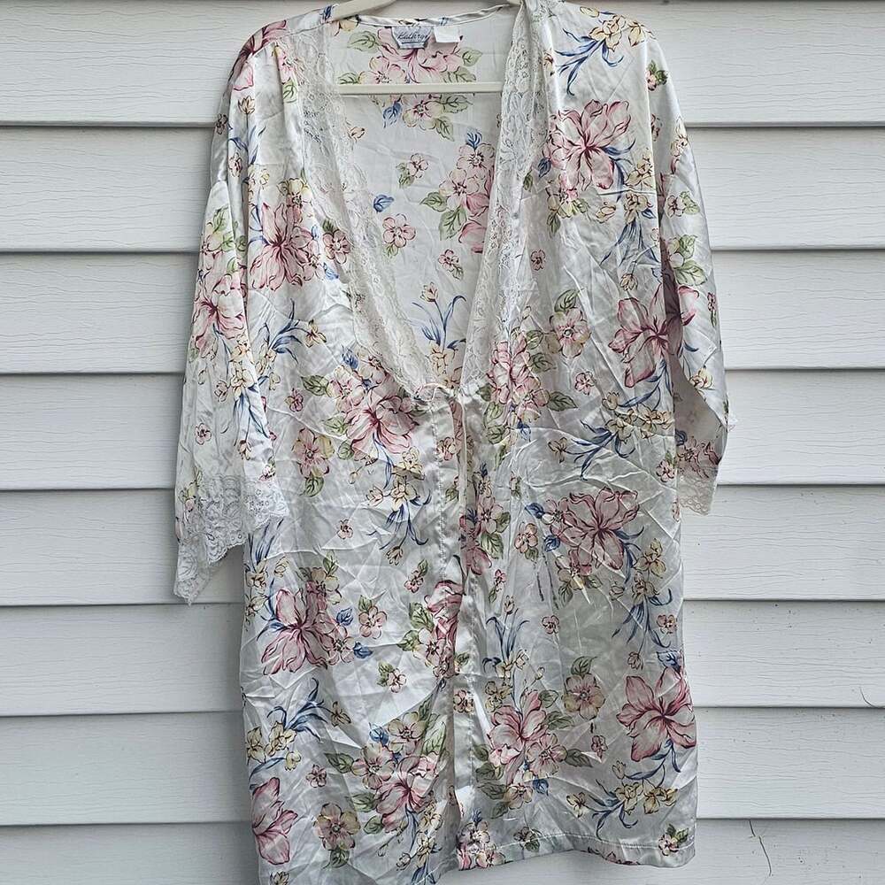 Vintage Cathryn Floral Satin Robe Lace Trim Cottagecore Romantic Lingerie